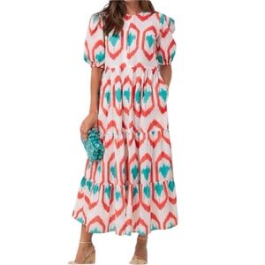 Oliphant Odisha Puff Sleeve Ikat Print Maxi Dress Green Ivory Size XS NWT